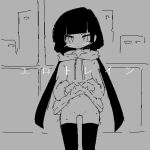  bangs black_hair black_legwear blunt_bangs blush building closed_mouth commentary_request cowboy_shot drawstring english_commentary greyscale hood hood_down hoodie hoodie_lift inabakumori jaggy_lines lag_train_(vocaloid) long_hair long_sleeves looking_at_viewer mixed-language_commentary monochrome navel no_panties nuelogical parody pussy slit_pupils straight-on sweat thighhighs title_parody translated tsurime twintails very_long_hair 