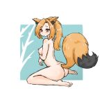  2022 animal_humanoid blush blush_lines breasts brown_hair butt canid canid_humanoid canine canine_humanoid female fox_ears fox_humanoid fox_tail hair humanoid inner_ear_fluff looking_at_viewer mammal mammal_humanoid medium_breasts nipples ponytail rear_view red_eyes saeko_art simple_background solo tuft white_background 