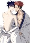  2boys abs bangs black_hair black_nails blue_eyes chest_tattoo clothes_down collarbone commentary_request extra_eyes eye_contact eyelashes facial_tattoo fushiguro_megumi hair_between_eyes hand_on_another&#039;s_hip japanese_clothes jujutsu_kaisen kimono looking_at_another male_focus multiple_boys neck_tattoo nori20170709 parted_lips pectorals pink_hair red_eyes ryoumen_sukuna_(jujutsu_kaisen) short_hair simple_background skinny tattoo undercut white_background white_kimono wide_sleeves yaoi 