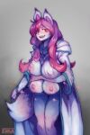  2020 2:3 anthro big_breasts blush brand_new_animal breasts canid canine clothed clothing fangs female fluffy fluffy_tail fur genitals hair hi_res mammal multi_breast multicolored_body multicolored_fur nazuna_hiwatashi nipples open_mouth open_smile partially_clothed pink_body pink_fur purple_hair pussy pwcsponson red_eyes simple_background smile solo studio_trigger teeth tongue tongue_out two_tone_body two_tone_fur white_body white_fur 