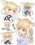  1girl =_= ? alternate_costume animal_ear_fluff animal_ears arknights bangs blonde_hair blue_hairband chibi closed_eyes closed_mouth drooling eyebrows_visible_through_hair finger_to_cheek fox_ears fox_girl hair_between_eyes hair_rings hairband highres infection_monitor_(arknights) low_twintails matsushika mouth_drool multicolored_hair multiple_views open_mouth oripathy_lesion_(arknights) pajamas scared sleeping staff streaked_hair suzuran_(arknights) trembling turn_pale twintails white_hair 