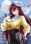  1girl absurdres alternate_costume breasts cleavage commentary credit_card eden_(honkai_impact) english_commentary eyebrows_visible_through_hair highres honkai_(series) honkai_impact_3rd large_breasts long_hair long_sleeves red_hair tian_kazuki very_long_hair white_headwear yellow_eyes 