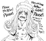  1girl absurdres atlus bb_(baalbuddy) begging buttons coat crying crying_with_eyes_open double-breasted english_commentary fur_trim greyscale gunner_(sekaiju) gunner_2_(sekaiju) hat highres long_hair monochrome open_mouth sekaiju_no_meikyuu sekaiju_no_meikyuu_2 simple_background solo tears upper_body wavy_eyes wavy_mouth white_background 