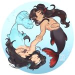  2boys absurdres black_hair blue_background bubble circle closed_eyes gills gradient gradient_background head_fins headband highres holding_hands lan_wangji long_hair male_focus merman mo_dao_zu_shi monster_boy multiple_boys nipples ponytail rotational_symmetry signature simple_background smile symmetry uwibbit wei_wuxian white_background white_headband yaoi 