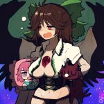  1girl :3 black_hair black_panties black_wings bow breasts brown_hair cape character_print closed_eyes cowlick eyebrows_behind_hair green_bow hair_bow kaenbyou_rin kaenbyou_rin_(cat) komeiji_satori large_breasts long_hair looking_ahead maaru_(akira428) navel nose_bubble open_clothes open_mouth open_shirt panties pillow pink_hair red_eyes reiuji_utsuho shirt sleep_bubble sleeping solo tearing_up tears touhou u_u underwear wings 