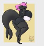  anthro big_breasts breasts cetacean clothing delphinoid dragon drakkmac eyewear female glasses hair hi_res hybrid hyu_(drakkmac) mammal marine multicolored_body oceanic_dolphin orca pink_hair raised_leg solo tight_clothing toothed_whale two_tone_body 