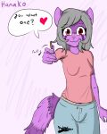  &lt;3 ailurid anthro breasts clothing english_text female firenox1559 food grey_hair hair hanako_sato(firenox1559) heterochromia hi_res looking_at_viewer mammal offering_food offering_to_viewer pink_nose pocky purple_body red_clothing red_eyes red_panda short_hair simple_background small_breasts smile solo standing text 