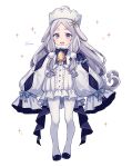  1girl :d absurdres bangs bell blue_eyes blush full_body grey_hair hair_ornament hat highres hikimayu looking_at_viewer lq_saku original parted_bangs simple_background smile solo teeth white_background white_legwear 