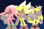  3boys artist_name chronocrump frown gloves highres knuckles_the_echidna looking_at_viewer male_focus multicolored_fur multiple_boys night night_sky pointy_nose red_fur shoes sky smirk sonic_(series) sonic_the_hedgehog spiked_hair star_(sky) starry_sky super_knuckles super_sonic super_tails tails_(sonic) topless_male twitter_username white_fur yellow_fur 