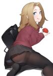  1girl :q bag black_bag black_footwear blonde_hair blue_eyes brown_legwear commentary_request eyelashes from_behind highres holding holding_poke_ball jacket lass_(pokemon) leaning long_hair long_sleeves looking_at_viewer looking_back nuibashi panties panties_under_pantyhose pantyhose pleated_skirt poke_ball pokemon pokemon_(game) pokemon_swsh red_jacket shoes sidelocks skirt solo tongue tongue_out underwear white_background 