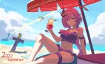  1girl 2022 absurdres alternate_eye_color bangs beach beach_mat beach_umbrella bikini blue_sky closed_mouth cup drinking_straw elf elysia_(honkai_impact) food fruit hair_between_eyes highres holding holding_cup honkai_(series) honkai_impact_3rd juice lemon lemon_slice lemonade long_hair looking_at_viewer navel outdoors pink_eyes pink_hair pointy_ears ponytail purple_bikini sand shadow sitting sky smile solo summer swimsuit umbrella water waves zhu_fun_(pixiv_21401851) 