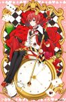  1boy antenna_hair blue_eyes card clock coat_dress crown flower heart_antenna_hair highres jacket kwakah male_focus pot red_hair riddle_rosehearts rose short_hair simple_background smile twisted_wonderland 