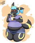  2019 anthro belly belt black_body black_fur blue_hair bodily_fluids bottomwear chocend clothed clothing colored container cup cutlery delilah_(tpot) digital_drawing_(artwork) digital_media_(artwork) eating eating_food eeveelution female food fork fur hair holding_object holding_tool holding_utensil kitchen_utensils looking_at_viewer markings midriff navel nintendo noodles overweight pok&eacute;mon pok&eacute;mon_(species) ponytail red_eyes shirt shorts simple_background solo sweat sweatdrop tail_markings thick_thighs tools topwear umbreon video_games wide_hips 