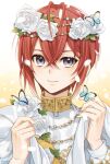  1boy alternate_costume antenna_hair blue_eyes bug butterfly closed_mouth flower grey_eyes hair_flower hair_ornament heart_antenna_hair highres kwakah male_focus red_hair riddle_rosehearts simple_background smile solo twisted_wonderland 