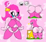  2022 alien anthro batzcave big_breasts big_butt blue_eyes blush breasts butt clothed clothing digital_media_(artwork) female genitals hair humanoid kirby kirby_(series) looking_at_viewer meta_knight nintendo not_furry nude open_mouth partially_clothed pink_body pussy shaking_butt simple_background smile solo text thick_thighs video_games 