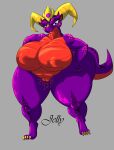  2022 anthro big_breasts blue_eyes breasts featureless_breasts female gem genitals hi_res horn huge_breasts huge_hips huge_thighs hyper_hips jelly_(dndoubled) kobold looking_at_viewer multicolored_body nude purple_body purple_scales pussy red_body red_scales reptile scales scalie short_stack solo thebigbadwolf01 thick_tail thick_thighs wide_hips 