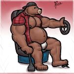  alanottaviano anthro belly brown_body brown_fur clothing fur hat headgear headwear hi_res male male/male mammal musclegut muscular muscular_male overweight red_clothing slightly_chubby solo truck_(vehicle) trucker ursid ursine vehicle 