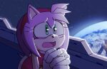  1girl amy_rose artist_name chronocrump diadem dress earth_(planet) green_eyes highres holding_hands looking_to_the_side open_mouth pink_fur planet ship sky sleeveless solo sonic_(series) space spiked_hair star_(sky) starry_sky tongue twitter_username watercraft 