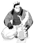  1boy abs animal bara cat clenched_hand collared_jacket denim fingerless_gloves frown gloves highres jacket jeans kneeling leather leather_belt long_sleeves looking_at_another male_focus mature_male monochrome muscular muscular_male pants pectorals scar scar_on_face shirt solo spiked_hair sweater thick_arms thick_thighs thighs tight toro_(dekkkkkkkkka) turtleneck turtleneck_sweater 