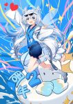  1girl :d bangs blue_background blue_eyes blue_hair blue_shirt blue_shorts boots cake coat eyewear_on_head food full_body heart highres id_card jell_(jell_y_fish) knee_boots labcoat long_hair long_sleeves looking_at_viewer mihoyo_technology_(shanghai)_co._ltd. miyouji shirt shorts smile solo sunglasses sweatdrop white_coat white_footwear 