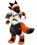  absurd_res anthro black_ears carbon_fiber claws clothing enduro floating_limbs full-length_portrait fur gas_tank gloves handwear hi_res ittybittiestpawz knee_brace machine male motorcycle orange_eyes portrait radiator simple_background solo vehicle white_background white_body white_fur 