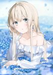  1girl :o arm_support aroa_(aroamoyasi) bangs bare_shoulders blonde_hair blue_eyes blurry blurry_background blush collarbone earrings frilled_shirt frills hand_up highres jewelry long_hair long_sleeves looking_at_viewer lying nemophila_(flower) on_stomach original parted_lips shirt solo white_shirt 