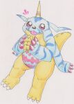  absurd_res animal_skin anthro bandai_namco belly blush claws digimon digimon_(species) gabumon hi_res horn looking_at_viewer male sitting slightly_chubby solo tabasukotrr traditional_media_(artwork) 