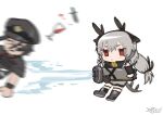  1boy 1girl absurdres alcohol arknights bangs black_gloves black_headwear black_jacket boots buchi0122 chibi closed_mouth cup drinking_glass eyebrows_behind_hair gloves grey_footwear grey_hair grey_skirt hair_between_eyes hat highres holding jacket jesselton_williams_(arknights) long_hair motion_blur peaked_cap red_eyes short_eyebrows simple_background skirt tail thick_eyebrows water weedy_(arknights) white_background wine wine_glass 