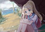  1girl bangs bare_legs blonde_hair blunt_bangs blush braid closed_mouth commentary_request day french_braid grass green_eyes high_ponytail highres lillie_(pokemon) long_hair looking_at_viewer miniskirt outdoors palm_tree pink_bag pokemon pokemon_(game) pokemon_sm ponytail rain shirt short_sleeves sitting skirt smile sparkle tree water_drop white_shirt white_skirt yodakeke 