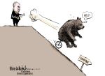  2022 absurd_res ambiguous_gender black_nose brown_body brown_fur claws cliff clothing duo english_text feral fur hi_res human male mammal mike_luckovich political_cartoon politics pushing road_sign russia russian russo-ukrainian_war simple_background suit text thought_bubble ukraine unicycle ursid vladimir_putin war white_background 