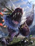  aerodactyl claws commentary_request day dinosaur evolutionary_line green_eyes highres looking_up no_humans open_mouth outdoors penta_oekaki pokemon pokemon_(creature) saliva sharp_teeth teeth tongue tree tyrantrum tyrunt watermark 