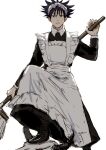  1boy :&lt; animal_skull apron bangs black_dress black_footwear black_hair blue_eyes commentary_request crossdressing dress frilled_apron frills full_body fushiguro_megumi hair_between_eyes holding holding_mop jujutsu_kaisen long_sleeves looking_at_viewer maid maid_apron maid_headdress male_focus mop nori20170709 shoes short_hair simple_background solo spiked_hair white_background 