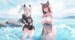  2girls absurdres animal_ears bangs bare_shoulders black_dress blue_eyes blush bow breasts brown_hair cat_ears commentary commentary_request dress highres horns in_water large_breasts long_hair long_sleeves multiple_girls niliu_chahui ocean off_shoulder one_eye_closed original outdoors red_bow red_eyes thighs twintails water white_dress white_hair 