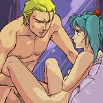  1girl aqua_hair blonde_hair blonde_pubic_hair boy_on_top breasts char's_counterattack char_aznable collarbone from_side gundam hair_ribbon hetero imminent_sex imminent_vaginal lowres lying nanboku nipples nude oekaki on_back pillow quess_paraya ribbon small_breasts sweatdrop 