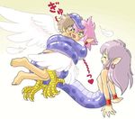  2girls breasts brown_hair earrings feathered_wings feathers harpy jewelry lamia monster_girl multiple_girls nude original pink_hair pukao small_breasts snake_bondage wings yellow_eyes 