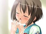  after_sex blush brown_hair closed_eyes cum cum_in_mouth facial game_cg kuuchuu_yousai makai_tenshi_djibril manabe_rika open_mouth oral school_uniform short_hair solo 