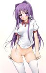  ass_visible_through_thighs blush breasts clannad covered_nipples flying_sweatdrops fujibayashi_kyou groin gym_uniform hair_intakes hair_ribbon holding ishikei long_hair looking_at_viewer medium_breasts nipples no_panties purple_eyes purple_hair pussy ribbon see-through short_sleeves simple_background solo standing thighhighs thighhighs_pull uncensored very_long_hair white_background white_legwear 