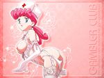  arched_back artist_name blue_eyes bra breasts censored cupless_bra elbow_gloves frame gambler_club gloves hair_rings hat joy_(pokemon) lace_trim large_breasts lingerie long_hair looking_at_viewer nipples nurse nurse_cap panties panty_pull parted_lips pink pink_hair pokemon ribbon shiny shiny_skin smile solo thighhighs underwear wallpaper watermark web_address white_legwear 