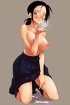  after_sex black_hair blush breasts breath condom copyright_request cum cum_in_hands cum_in_mouth cum_on_body cum_on_breasts cum_on_upper_body cupping_hand glasses kneeling large_breasts nipples one_eye_closed pointless_condom puffy_nipples skirt socks solo topless used_condom yurikawa 