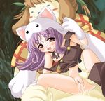  animal_ears artist_request blush bottomless breast_slip brown_eyes censored cum cum_in_pussy cum_on_pussy flat_chest lowres mosaic_censoring nipples no_bra open_mouth poppuri_(trickster) purple_hair pussy spread_legs strap_slip trickster yuri_(trickster) 