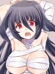  1girl armpits arms_up bandage bandaged_arm bandages bandages_around_chest black_hair breasts buta_(pixiv17138810) eyebrows_visible_through_hair eyes_visible_through_hair fang large_breasts long_hair looking_at_viewer naked_bandage open_mouth red_eyes solo upper_body yamada_tae zombie zombie_land_saga 