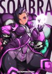  1girl asymmetrical_hair couch dark_skin earrings eyeshadow high_collar jewelry jun_(rojiura_jack) lipstick makeup mascara mole mole_under_eye multicolored_hair overwatch purple_lips purple_lipstick reaper_(overwatch) skull sombra_(overwatch) stud_earrings two-tone_hair undercut 