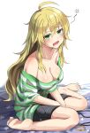  1girl :o ahoge bare_legs barefoot bed_sheet blonde_hair blush breasts cleavage collarbone drooling green_eyes haruki_(haruki678) highres hoshii_miki idolmaster idolmaster_(classic) large_breasts long_hair looking_at_viewer loose_clothes loose_shirt off-shoulder_shirt off_shoulder own_hands_together saliva shirt sitting sleepy solo striped striped_shirt tears very_long_hair wariza 