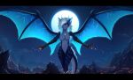  anthro areola artist_name biped blue_body blue_eyes blue_fur blue_hair blue_horn blue_inner_ear blue_tail blue_wings breasts claws clockhands cloud dragon eyelashes featureless_breasts featureless_crotch female finger_claws front_view fur furred_dragon glistening glistening_horn grey_body grey_fur grey_tail hair half-closed_eyes horn looking_at_viewer membrane_(anatomy) membranous_wings moon multicolored_hair narrowed_eyes outside rock sky solo standing star two_tone_hair white_claws white_hair wings 