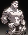  1boy abs absurdres arknights bara black_male_underwear briefs bulge facial_hair feet_out_of_frame furry furry_male goatee highres large_pectorals looking_at_viewer male_focus male_underwear mountain_(arknights) muscular muscular_male navel navel_hair nipples pectorals scar scar_across_eye scar_on_face short_hair solo stomach tail tail_ornament tail_ring thick_eyebrows thick_thighs thighs tiger_boy topless_male uiokv underwear underwear_only white_fur wristband 