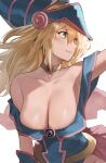  1girl bangs bare_shoulders blonde_hair blush_stickers breasts choker cleavage dark_magician_girl dress duel_monster green_eyes hair_between_eyes hat highres j@ck large_breasts long_hair looking_to_the_side off-shoulder_dress off_shoulder pentacle sideways_glance simple_background smile solo white_background wizard_hat yu-gi-oh! 