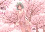  1girl akira_tooru bangs bare_shoulders blunt_bangs blurry blurry_foreground blush braid brown_eyes cherry_blossoms closed_mouth commentary_request detached_sleeves dress dutch_angle falling_petals floral_print flower green_hair hair_flower hair_ornament highres looking_at_viewer original outdoors petals pink_dress pink_flower revision short_hair side_braid smile solo standing tree under_tree 