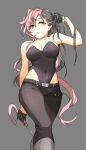  1girl absurdres belt black_eyes black_gloves black_leotard breasts brown_hair brown_pants cleavage closed_mouth covered_navel gloves grey_background heterochromia highres holding holding_umbrella large_breasts leotard leotard_under_clothes long_hair multicolored_hair neo_politan pants pink_hair rwby simple_background solo split-color_hair strapless strapless_leotard streaked_hair tl_(xdd) two-tone_hair umbrella 
