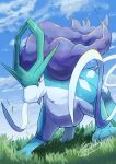  absurdres brown_eyes closed_mouth cloud day falling_leaves frown grass highres leaf no_humans outdoors pokemon pokemon_(creature) signature sky solo standing suicune tanpakuroom 