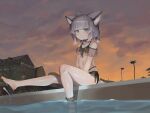  1girl ahoge animal_ear_fluff animal_ears arknights barefoot bikini black_bikini blue_eyes building cloud dokomon dusk feet fox_ears fox_tail grey_hair highres leg_up legs low_twintails outdoors pool poolside short_hair short_twintails sitting sky soaking_feet solo sussurro_(arknights) swimsuit tail thighs toes twintails 